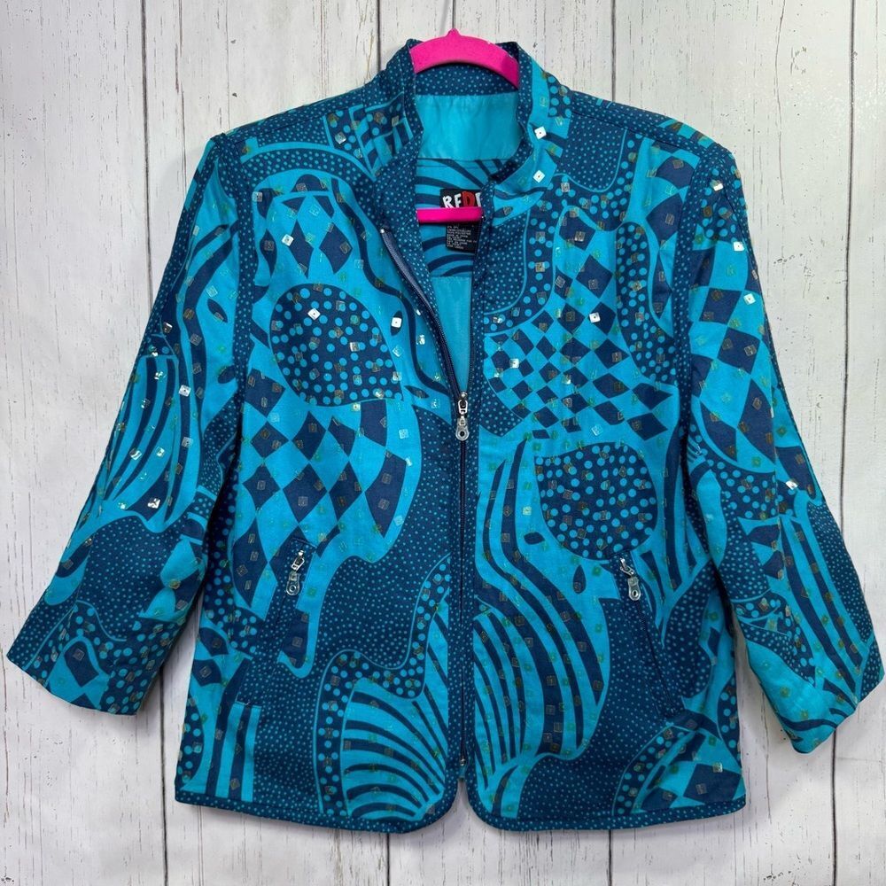 Vintage Redd Jeans Turquoise Abstract Sequin Zip Jacket Size 10 Artsy Bold Retro